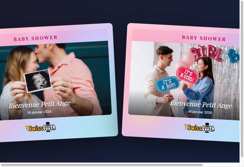 Design personnalisé photobooth baby shower avec cadre pastel rose et bleu - exemple de photos imprimées SwissBooth