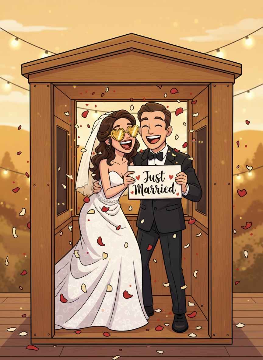 Couple de mariés posant dans le photobooth Woody SwissBooth avec pancarte Just Married, confettis et lumières dorées
